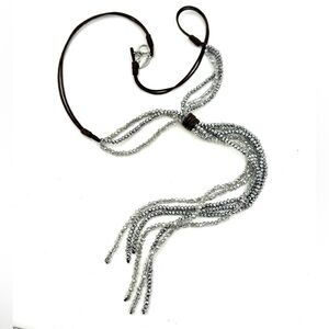 Jamie Rocks NYC Necklace Long Brown Leather & Silver Faceted Crystal Beaded